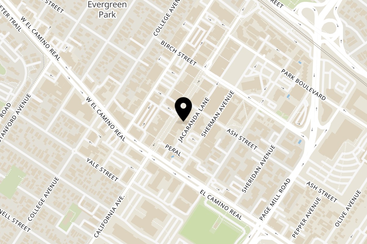 Map showing the location of Mediterranean Wraps on 433 California Ave in Palo Alto